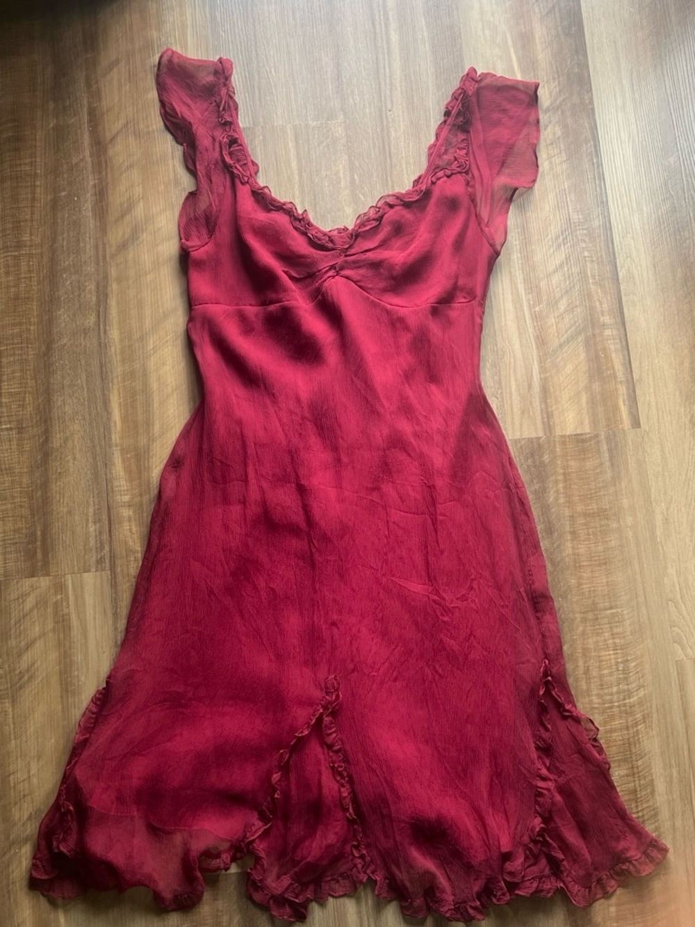 Vintage Betsey Johnson Burgundy Ruffle-Trim Midi Slip Dress
